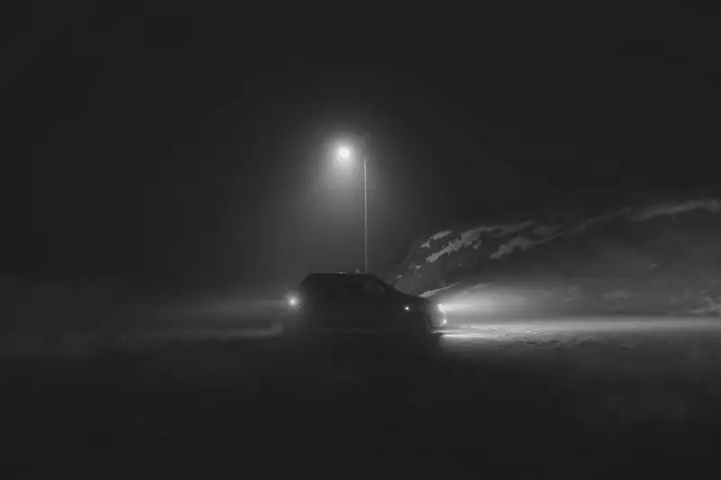 Car at night in the fog, headlights and tail light on, a street lamp behind